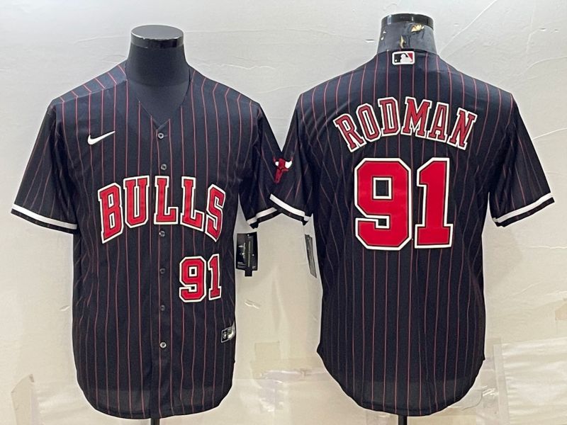 Men Chicago Bulls #91 Rodman Black Stripe Game Nike 2022 NBA Jersey